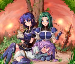  3girls armor bad_id bad_pixiv_id blue_eyes blue_hair coin drooling echizen_(hvcv) farina_(fire_emblem) fiora_(fire_emblem) fire_emblem fire_emblem:_the_blazing_blade florina_(fire_emblem) multiple_girls pegasus_knight_uniform_(fire_emblem) purple_hair short_hair siblings sisters sleeping 