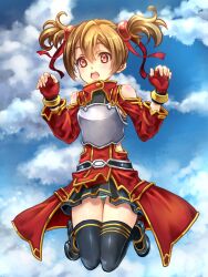  armor black_thighhighs breastplate brown_hair cloud commentary_request day female fingerless_gloves gloves jumping makirin open_mouth photoshop_(medium) red_eyes short_twintails silica sky solo sword_art_online thighhighs twintails 