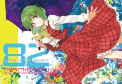  ascot ayasugi_tsubaki belt commentary_request cover female green_hair kazami_yuuka long_sleeves photoshop_(medium) puffy_sleeves red_eyes short_hair smile solo touhou umbrella 