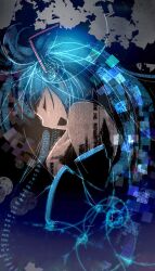  aqua_hair bad_id bad_pixiv_id closed_eyes ddal detached_sleeves female glowing hatsune_miku headset highres long_hair open_mouth photoshop_(medium) smile solo twintails very_long_hair vocaloid 