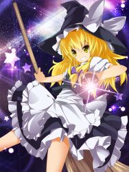  apron blonde_hair bow broom commentary_request female glowing grin hairbow hat hat_bow kirisame_marisa long_hair mini-hakkero painttool_sai_(medium) puffy_sleeves short_sleeves smile solo star_(symbol) touhou white_bow witch_hat yellow_eyes zb_(dawn-blue) 