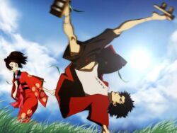  1boy brown_hair capoeira duo female fuu geta grass japanese_clothes kicking kimono lowres mugen outdoors red_shirt samurai_champloo shirt sky tattoo 