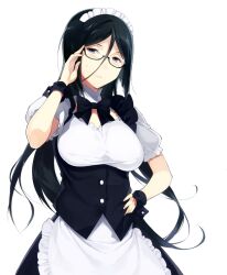  adjusting_eyewear alternate_costume apron bespectacled black_hair blue_eyes bow bowtie breasts buttons commentary_request detached_collar enmaided female glasses hair_between_eyes hand_on_own_hip hyouka irisu_fuyumi large_breasts long_hair maid maid_headdress sasamori_tomoe semi-rimless_eyewear simple_background solo sweatdrop waist_apron white_background wrist_cuffs 