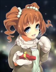  bad_id bad_pixiv_id blue_eyes box breath female hair_bobbles hair_ornament heart heart-shaped_box idolmaster idolmaster_(classic) looking_at_viewer mittens nishimuku_meri orange_hair solo takatsuki_yayoi twintails upper_body valentine 