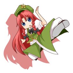  blue_eyes braid chinese_clothes commentary_request female full_body hair_ribbon hong_meiling kicking long_hair netachou red_hair ribbon solo star_(symbol) touhou transparent_background 