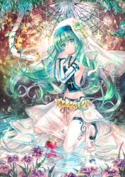  alternate_costume apple bad_id bad_pixiv_id cross cross_hair_ornament cross_necklace detached_sleeves female flower food fruit green_eyes green_hair habit hair_ornament iris_(flower) jewelry kneeling kochiya_sanae long_hair looking_at_viewer necklace nun praying shigaraki_(strobe_blue) single_thighhigh snake solo star_(symbol) tears thighhighs touhou water 