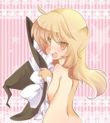  blonde_hair blush commentary_request covering_breasts covering_privates female hat kirisame_marisa nude ribbon sen1986 solo touhou yellow_eyes 