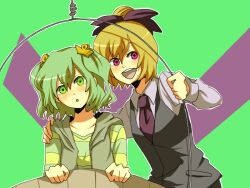  2girls akasata alternate_costume bad_id bad_pixiv_id blonde_hair blush bow collarbone contemporary green_eyes green_hair hairbow kisume kurodani_yamame long_sleeves multiple_girls necktie open_mouth pink_eyes puffy_sleeves shirt short_hair simple_background striped_clothes striped_shirt touhou twintails two-tone_background 