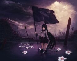  8c bad_id bad_pixiv_id black_hair blue_eyes bug butterfly cloud female flag flower katana long_hair original outdoors photoshop_(medium) polearm ruins school_uniform serafuku skirt socks solo spear sunlight sword very_long_hair water weapon 