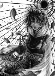  belt bishamonten&#039;s_pagoda cherry_blossoms commentary_request female greyscale hair_ornament hane_(azelye) jewelry monochrome multicolored_hair necklace petals solo toramaru_shou touhou two-tone_hair 