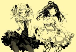  2girls black_hair blush curtsey dress frills gloves hair_ornament hairclip hat long_hair monochrome multiple_girls original pantyhose short_hair shunsei_(muratou) skirt_hold sleeveless smile twintails 