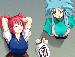  2girls arms_behind_head bad_id bad_pixiv_id blue_hair bottle cr4781 crossover hair_bobbles hair_ornament multiple_girls one_eye_closed onozuka_komachi red_eyes red_hair ryouko_(tenchi_muyou!) sake_bottle short_hair smile spiked_hair tenchi_muyou! through_wall touhou two_side_up yellow_eyes 