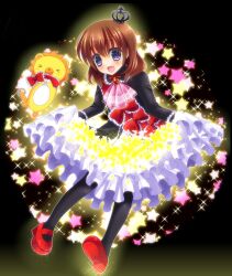  black_legwear blue_eyes bow brown_hair commentary_request crown dress female maria_(umineko) neon_ui oerba_yun_fang open_mouth pantyhose sakutarou_(umineko) short_hair skirt_hold sparkle star_(symbol) umineko_no_naku_koro_ni ushiromiya_maria 