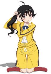  araragi_karen black_eyes black_hair commentary_request female hairdressing hood hooded_track_jacket jacket long_hair monogatari_(series) mouth_hold nisemonogatari one_eye_closed photoshop_(medium) side_ponytail solo takamin_apaman track_jacket 