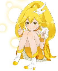  bad_id bad_pixiv_id bike_shorts bike_shorts_under_skirt blonde_hair choker cure_peace female hair_flaps long_hair looking_at_viewer magical_girl nagashii_kouhei ponytail precure shorts sitting skirt smile smile_precure solo tiara yayoi_kise yellow_eyes yellow_shorts yellow_skirt yellow_theme 