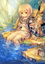  blonde_hair commentary_request drooling female fingerless_gloves gloves highres holster mamuru open_mouth orange_eyes original panties short_hair sitting soaking_feet solo striped_clothes striped_panties thigh_holster underwear water 