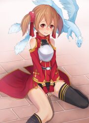  3: armor black_thighhighs blush breastplate brown_hair commentary_request female fingerless_gloves gloves looking_at_viewer photoshop_(medium) pina_(sao) red_eyes short_twintails silica sitting sword_art_online thighhighs twintails willgoon 