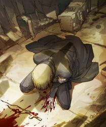  blonde_hair blood coat cross female gloves heinkel_wolfe hellsing kneeling nankakureman solo trench_coat 