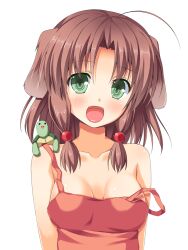  :d ahoge animal_ears asa_no_ha_(awayuki) blush brown_hair collarbone commentary_request dog_ears female green_eyes hair_bobbles hair_ornament oerba_yun_fang off_shoulder open_mouth original photoshop_(medium) simple_background smile solo turtle upper_body white_background 