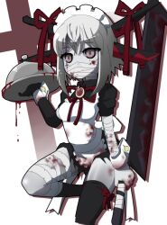  artist_request bandage blood female gray_eyes grey_eyes hatchet maid maid_headdress maid_uniform monster monster_girl mukai_keiichirou original solo weapon zombie 