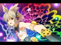  bracelet commentary_request earmuffs female grey_hair jewelry letterboxed open_mouth painttool_sai_(medium) short_hair sleeveless solo sword touhou toyosatomimi_no_miko weapon yellow_eyes zb_(dawn-blue) 