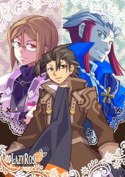  3boys alvin_(tales) ascot balan brown_eyes brown_hair coat commentary_request gilland_(tales) glasses gloves grin male_focus mole multicolored_hair multiple_boys psychoblast red_eyes red_hair sidelocks smile tales_of_(series) tales_of_xillia two-tone_hair white_hair yellow_eyes 