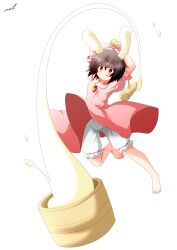  animal_ears bad_id bad_nicoseiga_id barefoot bloomers blush brown_hair carrot female food full_body hammer inaba_tewi orange_eyes puffy_sleeves rabbit_ears short_hair short_sleeves simple_background solo tongue touhou underwear vegetable white_background yua_(checkmate) 