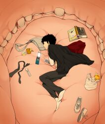  1boy bag black_hair book cellphone cencoroll commentary_request digital_media_player handbag ipod lying monochrome necktie phone shoes sleeping socks spiked_hair suko_mugi teeth tetsu_(cencoroll) tongue unworn_shoes vore 