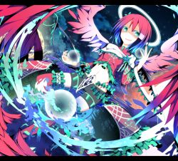  angel bell blue_hair cloud commentary_request female frills gradient_hair green_eyes halo ichiyan letterboxed midriff multicolored_hair original red_hair ribbon short_hair shorts sky smile solo star_(sky) starry_sky thighhighs wings 