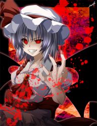  ascot bad_id bad_nicoseiga_id bat_wings clenched_teeth collarbone female fingernails grey_hair hat hat_ribbon puffy_sleeves red_eyes remilia_scarlet ribbon sharp_fingernails short_hair short_sleeves slit_pupils solo teeth touhou wings yua_(checkmate) 