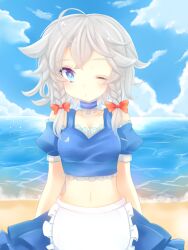  ;o ahoge ajiriko apron arms_behind_back bad_id bad_pixiv_id bangs banned_artist bare_shoulders beach blue_eyes blush bow braid breasts choker cleavage cloud collarbone crop_top day detached_sleeves frills hairbow izayoi_sakuya lace medium_breasts messy_hair midriff navel ocean one_eye_closed open_mouth outdoors puffy_sleeves short_hair side_braid silver_hair skirt sky solo touhou twin_braids waist_apron water 