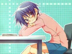  aoki_ume blue_eyes blue_hair blush book desk female glasses hidamari_sketch looking_at_viewer official_art sae_(hidamari_sketch) scan short_hair sitting smile solo 