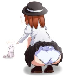  ass brown_hair commentary_request dress feline female hat juliet_sleeves long_sleeves panties pantyshot puffy_sleeves short_hair skirt skirt_caught_on_object solo squatting tori_(minamopa) touhou underwear usami_renko white_panties 