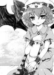  bad_id bad_pixiv_id bat_wings bridal_garter cuffs dress female frilled_socks frills greyscale hat kumao_mofumofu monochrome remilia_scarlet short_hair sitting socks solo touhou wings 