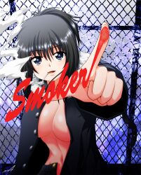  bad_id bad_nicoseiga_id black_hair blue_eyes breasts cigarette collarbone female highres large_breasts long_sleeves original ponytail smoke solo yua_(checkmate) 