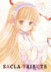  :o bad_id bad_pixiv_id bare_shoulders blonde_hair blunt_bangs brown_eyes chii chobits choker detached_sleeves dress female flower gloves hair_tubes hairband highres lolita_fashion lolita_hairband long_hair nanohana_kohina own_hands_together painting_(medium) pale_color puffy_sleeves purple_dress ribbon robot_ears solo sweet_lolita traditional_media watercolor_(medium) white_gloves 