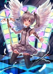  :d bad_id bad_pixiv_id black_thighhighs blush checkered_floor dress drill_hair feathered_wings feathers female grey_hair hayama_eishi highres holding idolmaster idolmaster_cinderella_girls kanzaki_ranko microphone open_mouth pink_eyes sleeveless sleeveless_dress smile solo thighhighs twin_drills twintails wings 