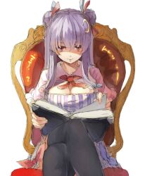  alternate_hairstyle black_thighhighs book breasts chair cleavage cleavage_cutout clothing_cutout commentary crescent crescent_hair_ornament crossed_legs double_bun female hair_bun hair_ornament hair_ribbon large_breasts long_hair looking_at_viewer no_headwear patchouli_knowledge pinstripe_pattern purple_eyes purple_hair ribbon sidelocks sitting solo striped thighhighs touhou tress_ribbon twintails yasumo_(kuusouorbital) 