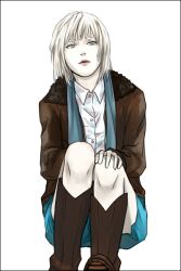  1boy bear9245 blonde_hair blue_skirt boots border buttons collared_shirt commentary_request dress_shirt fur_collar jacket let_the_right_one_in lips long_hair long_sleeves looking_at_viewer medium_hair oskar_(let_the_right_one_in) otoko_no_ko scarf shirt sitting skirt squatting white_shirt 