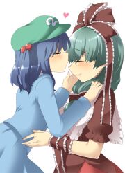  2girls arm_ribbon bad_id bad_pixiv_id blush bow closed_eyes frills front_ponytail hair_bobbles hair_ornament hair_ribbon hairbow hand_on_another&#039;s_cheek hand_on_another&#039;s_face hat heart imminent_kiss kagiyama_hina kawashiro_nitori kissing long_hair long_sleeves mogiki_hayami multiple_girls ribbon short_sleeves simple_background smile touhou two_side_up white_background yuri 