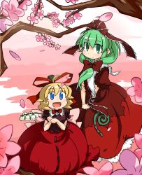  2girls arm_ribbon blonde_hair blue_eyes blush bow cherry_blossoms commentary_request dress flower front_ponytail green_eyes green_hair hair_ornament hair_ribbon hairbow holding iyau kagiyama_hina lily_of_the_valley long_hair medicine_melancholy multiple_girls open_mouth puffy_sleeves ribbon shirt short_hair short_sleeves skirt smile touhou tree v_arms 