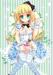  alice_(alice_in_wonderland) alice_in_wonderland ameto_yuki bad_id bad_pixiv_id blonde_hair blush breasts candy chocolate dress female food green_eyes hair_ribbon heart heart-shaped_chocolate holding holding_spoon long_hair looking_at_viewer medium_breasts ribbon solo spoon striped_background striped_clothes striped_thighhighs thighhighs vertical_stripes wrist_cuffs 