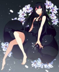  bad_id bad_pixiv_id bare_arms barefoot black_dress black_eyes black_hair dress expressionless female flower full_body jouhei kajiro_miyako light_particles lily_(flower) long_hair photoshop_(medium) siren_(series) siren_1 sleeveless sleeveless_dress smile solo 