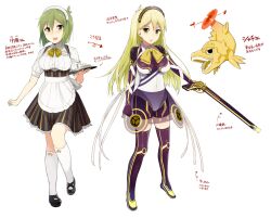  2girls :d :o bad_id bad_pixiv_id blonde_hair bodysuit bow breasts character_name character_profile chikurin_(sasamori_tomoe) covered_navel green_eyes green_hair gun hairband kneehighs long_hair magical_girl medium_breasts multicolored_stripes multiple_girls name_tag navel open_mouth original sasamori_tomoe shoes short_hair smile socks striped thighhighs translation_request tray vertical_stripes waitress weapon 