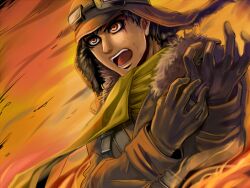  1boy bad_id bad_pixiv_id black_hair coat drifters fur_hat gloves goggles hat kanno_naoshi_(drifters) male_focus open_mouth orange_eyes scarf shichiria solo teeth 