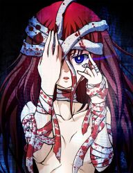  bad_id bad_nicoseiga_id bandages blood blue_eyes breasts collarbone female glowing glowing_eyes highres long_hair makise_kurisu open_mouth photoshop_(medium) red_hair small_breasts solo steins;gate yua_(checkmate) 