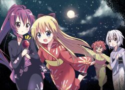  4girls :d ahoge akaza_akari bad_id bad_pixiv_id blonde_hair blood blue_eyes blush bow candy_apple double_bun food full_moon glasses hair_bun hairbow holding ikeda_chitose japanese_clothes kimono kurou_(quadruple_zero) long_hair moon multiple_girls night night_sky nosebleed open_mouth painttool_sai_(medium) ponytail purple_eyes purple_hair red_hair single_hair_bun sky smile star_(sky) sugiura_ayano toshinou_kyouko unworn_eyewear white_hair yuru_yuri 