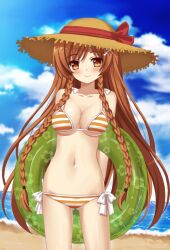  arms_behind_back bare_shoulders beach bikini blush braid breasts brown_hair cleavage cloud collarbone culture_japan female hat innertube large_breasts long_hair looking_at_viewer lowleg lowleg_bikini mirai_suenaga multicolored_bikini navel original sand shiny shiny_skin side-tie_bikini sky smile solo striped striped_bikini striped_swimsuit suenaga_mirai swimsuit tonee twin_braids underboob very_long_hair water 