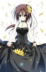  black_dress breasts brown_eyes brown_hair choker collar commentary_request dress female flower hair_ornament highres long_hair medium_breasts minakami_yuki ponytail sakura-no smile solo subarashiki_hibi 