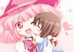  2girls ;d blue_dress blunt_bangs blush blush_stickers bow brown_hair cat_hair_ornament closed_eyes commentary_request cosplay dress funami_mari hair_ornament happy hat heart holding kagerou_(kers) kissing kissing_cheek mirakurun mirakurun_(cosplay) multiple_girls one_eye_closed open_mouth pink_bow pink_hair pink_headwear red_eyes short_hair short_sleeves short_twintails smile spoken_heart star_(symbol) star_ornament twintails two_side_up white_sleeves yoshikawa_chinatsu yuru_yuri 